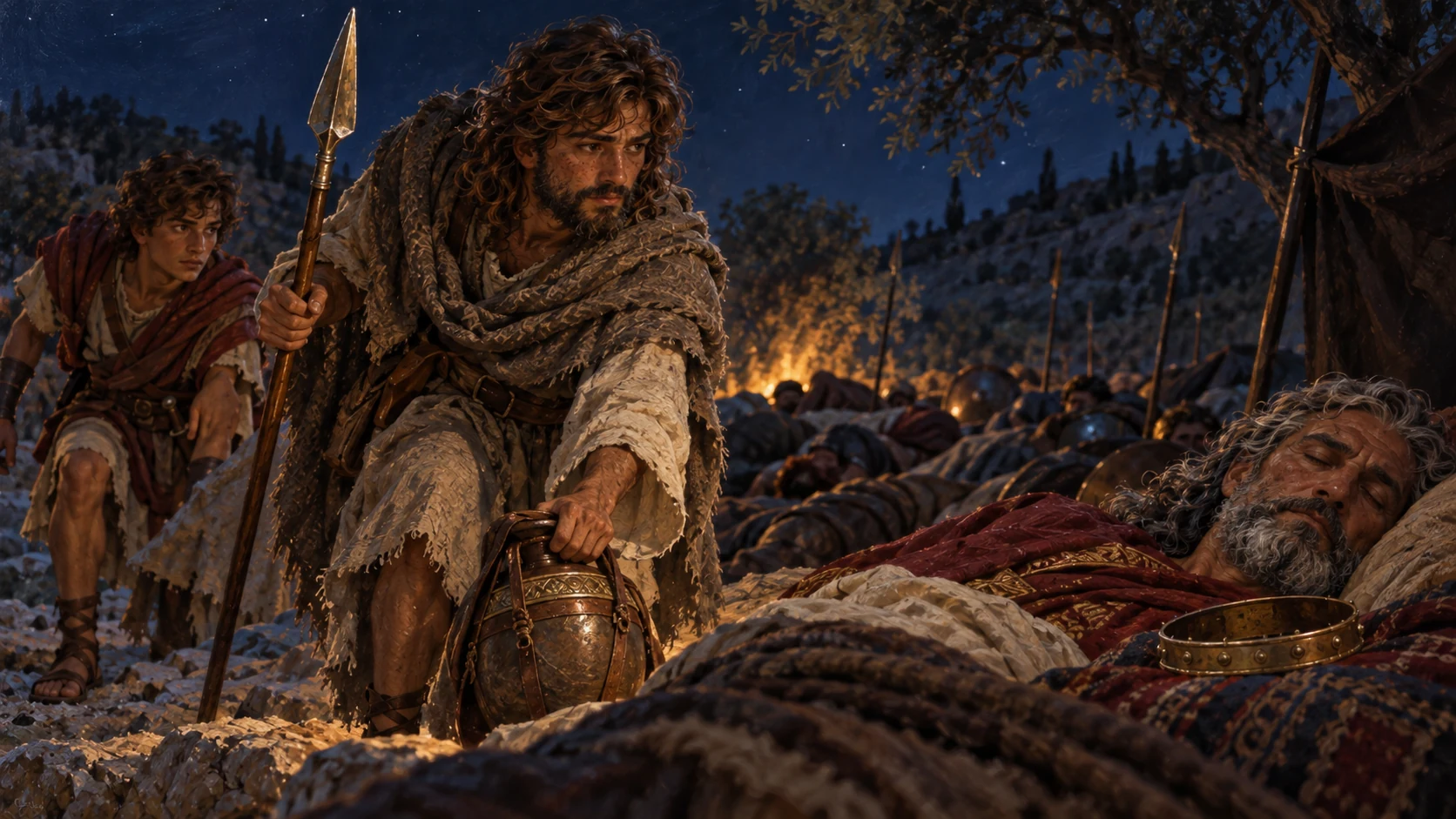 David leaves with the spear and jar while the camp remains asleep