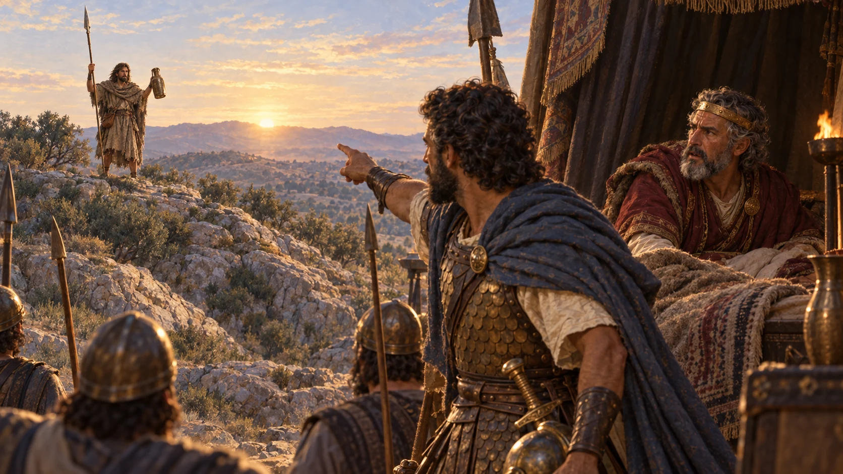 David points to the absent spear and water jar as proof of Abner's lapse