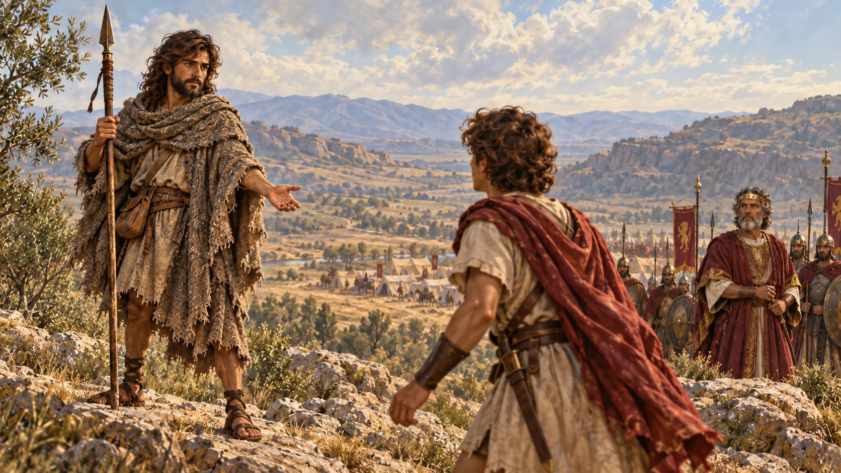 David offers Saul's spear back through a young messenger