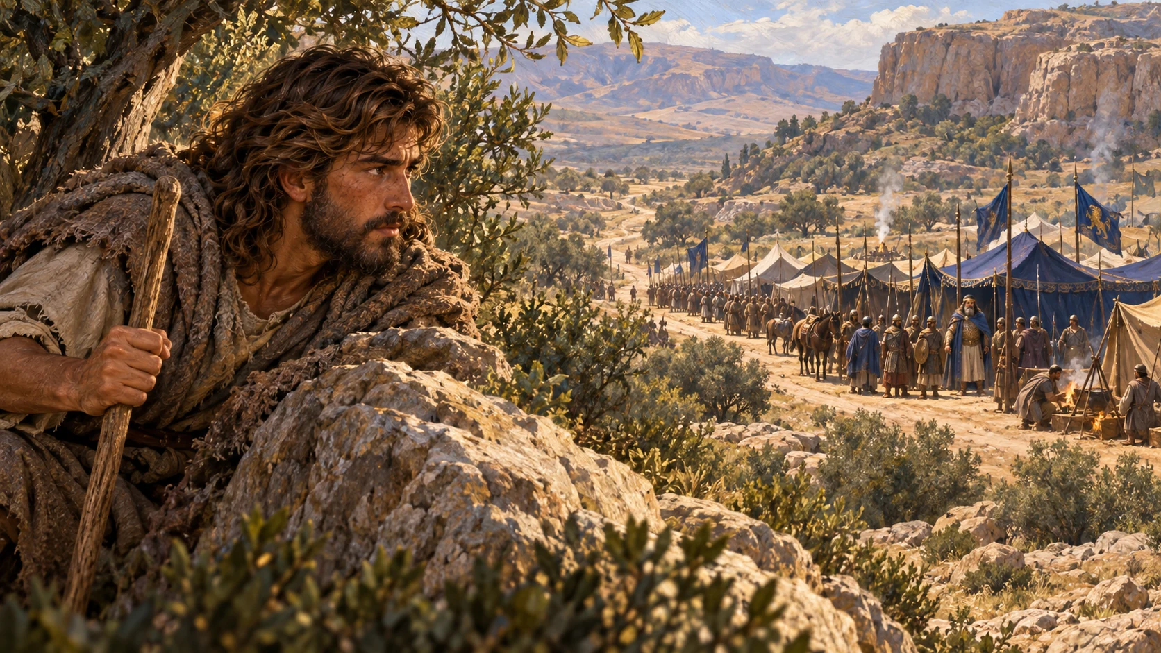 From the wilderness David sees Saul's army take position by the road