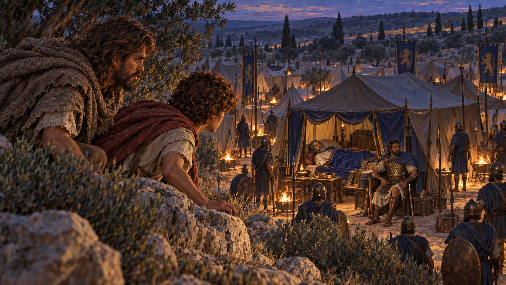 David locates Saul sleeping inside the camp with Abner nearby