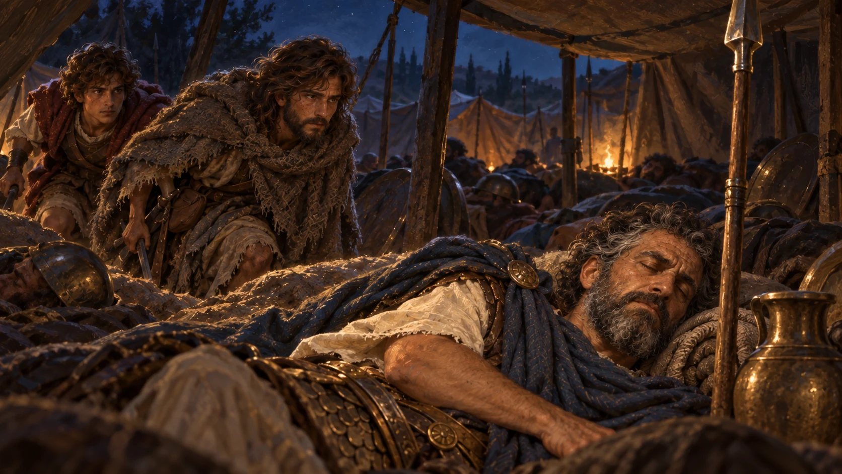 David and Abishai reach Saul's sleeping place beside his spear