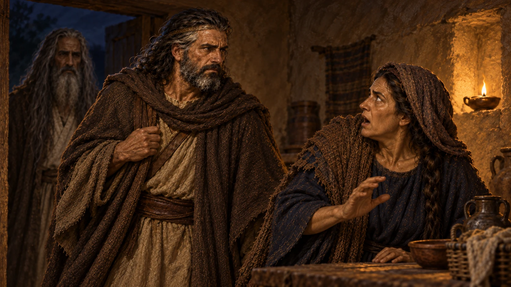 The woman's reaction to Samuel reveals that her visitor is Saul