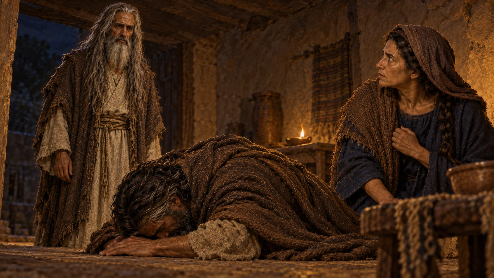 The woman's description leads Saul to recognize Samuel and bow low