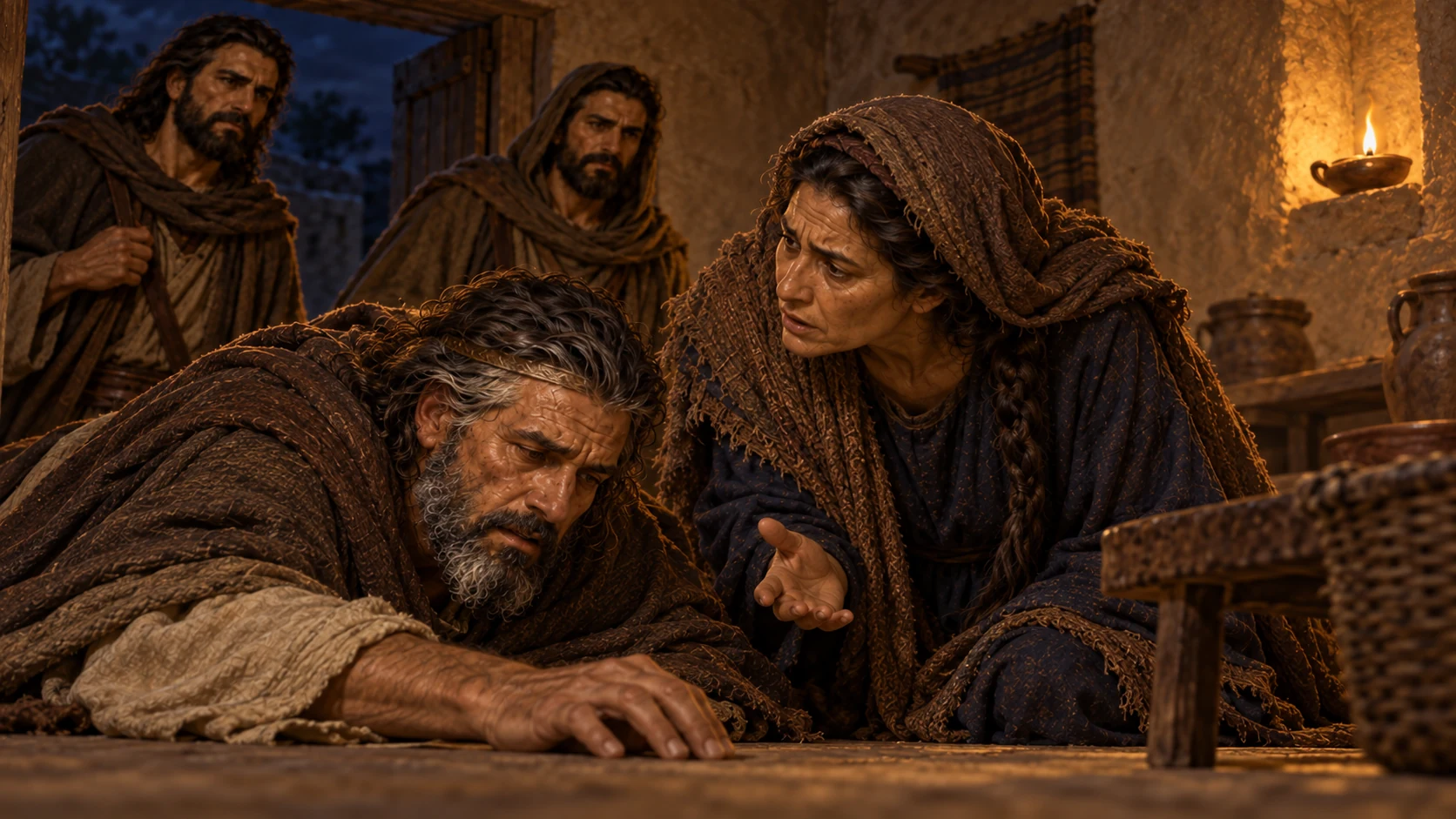 Seeing Saul terrified, the woman reminds him she accepted his dangerous request