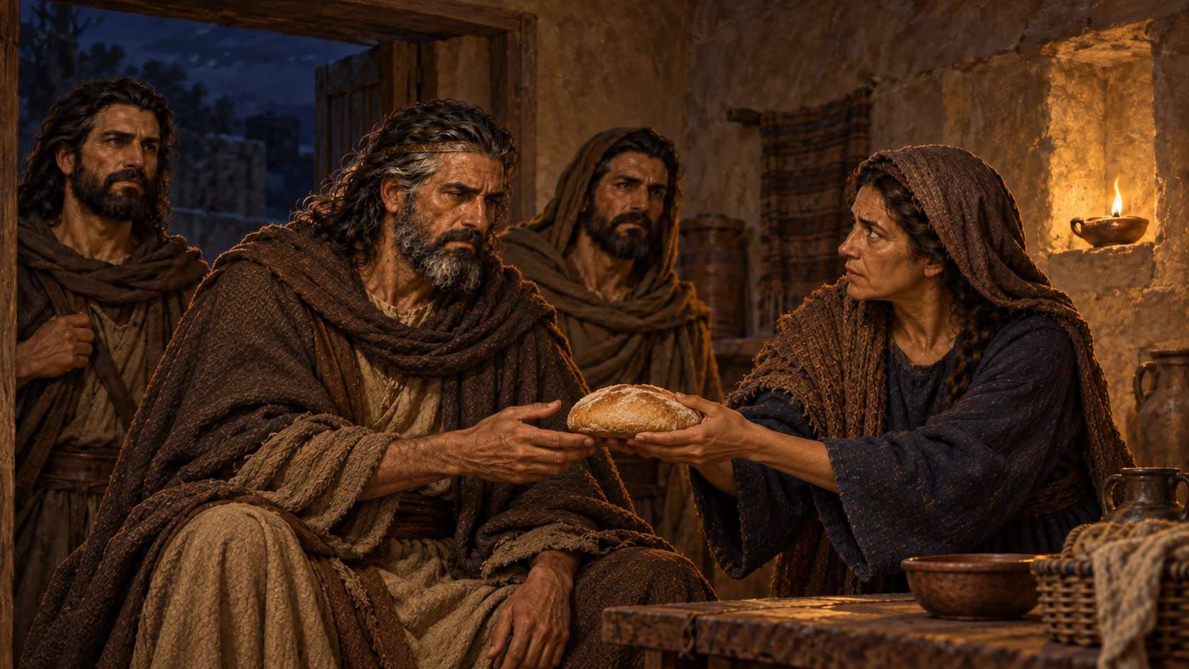 The woman urges Saul to eat before he leaves the house
