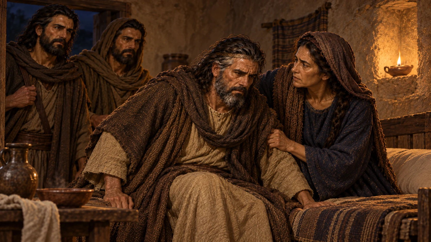 Saul resists until the woman and his servants persuade him to rise