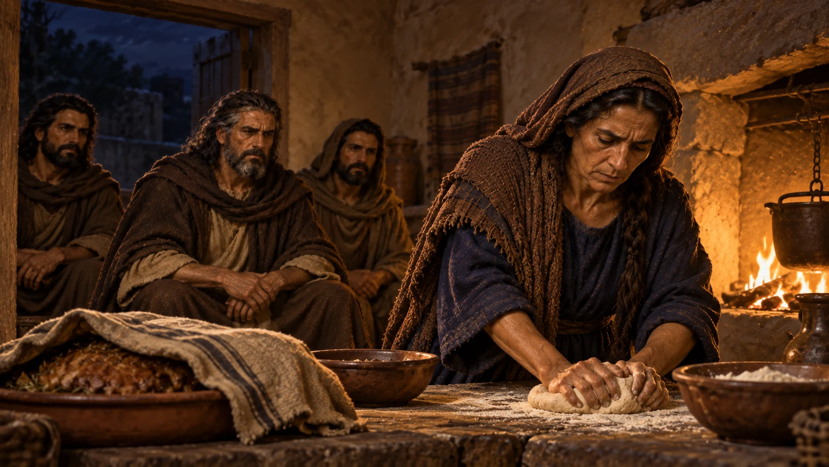 The woman prepares a calf and unleavened bread for her exhausted guests