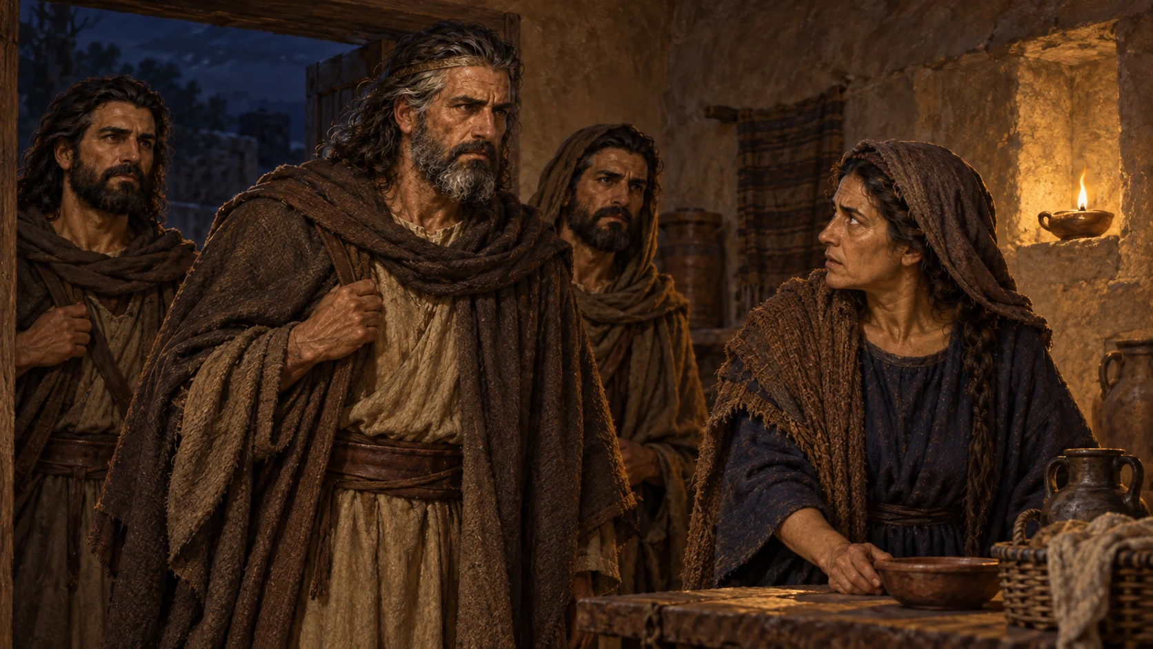Without his royal dress, Saul visits the woman by night with two men