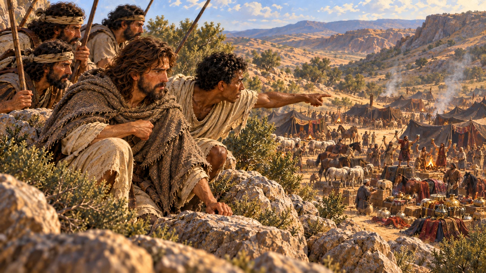 The Egyptian leads David to the raiders celebrating across the valley