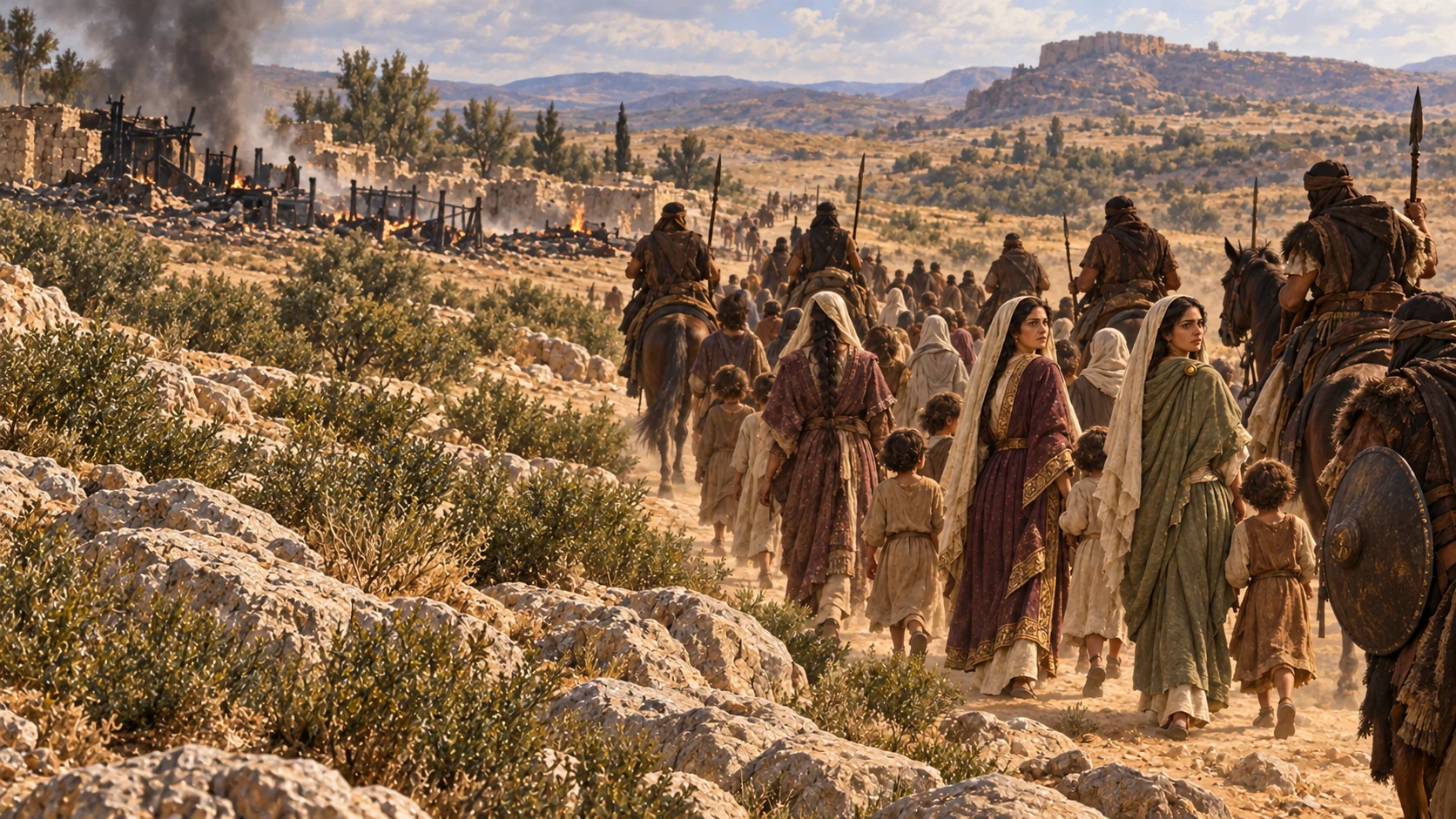 The Amalekites lead the women and children away as captives without killing them