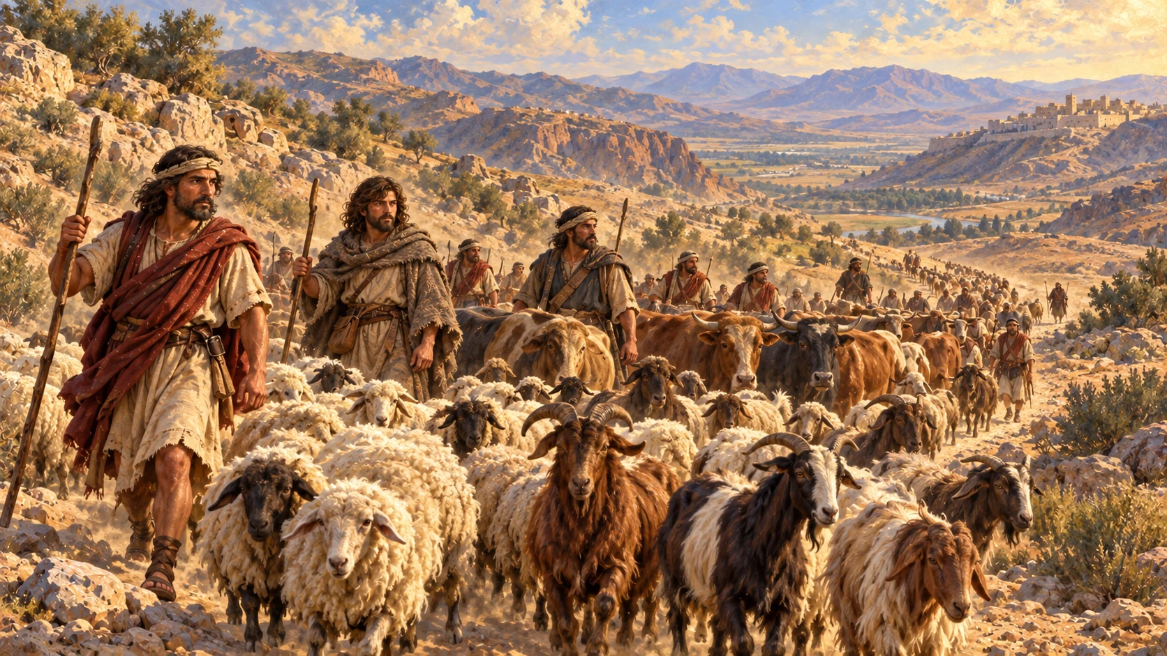 David's men drive the recovered livestock ahead on the road