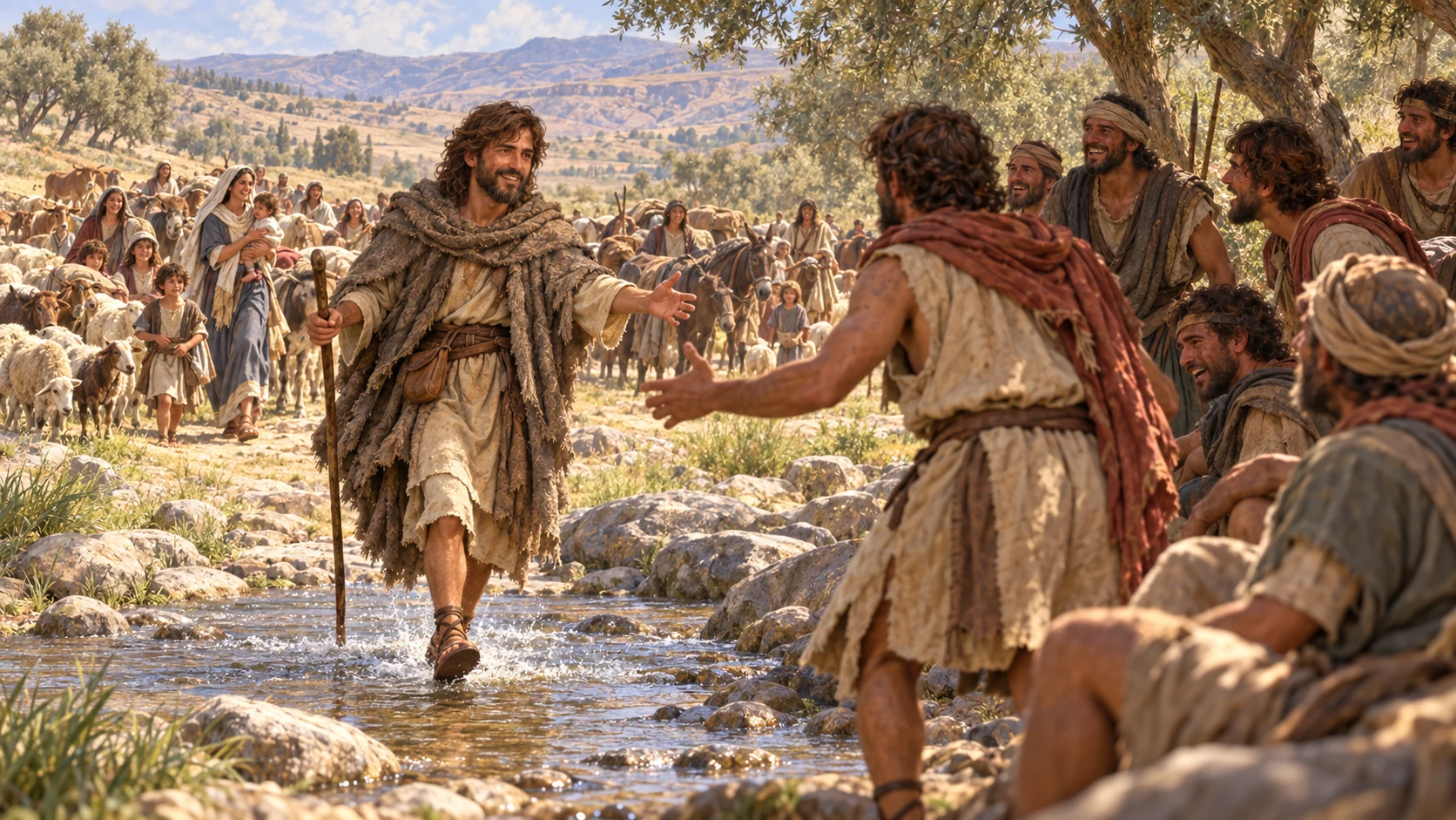 David greets the exhausted men who stayed behind at the brook