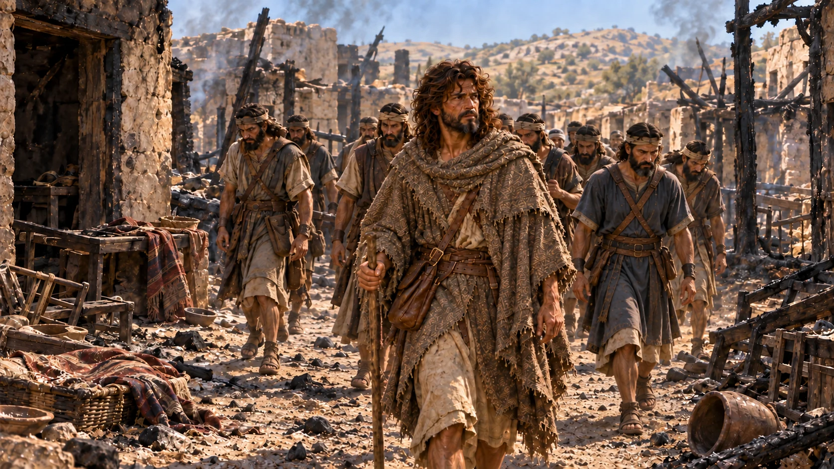David's company enters the ruined town and discovers their families missing