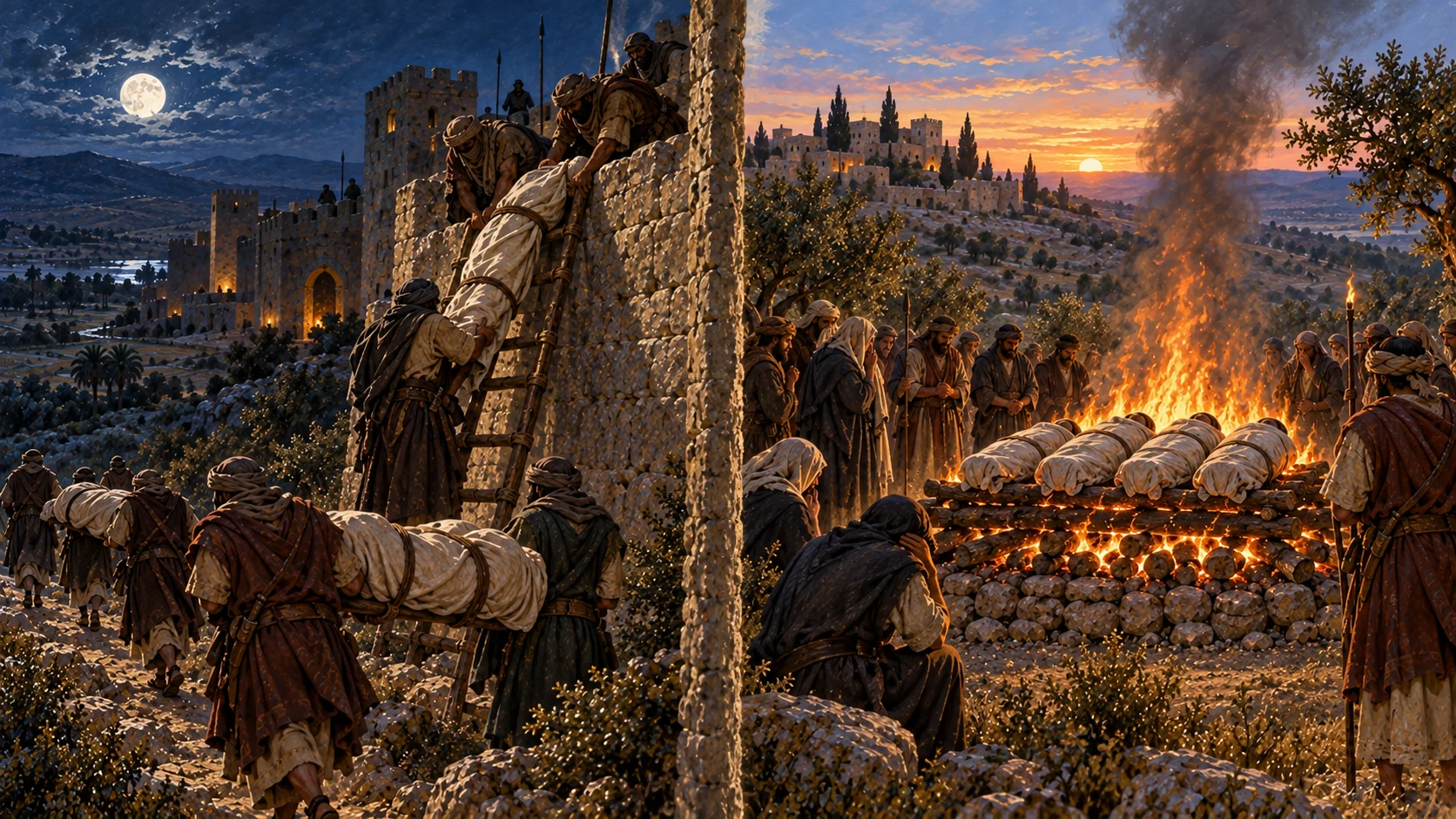 Valiant men recover Saul and his sons from Beth-shan and cremate them at Jabesh