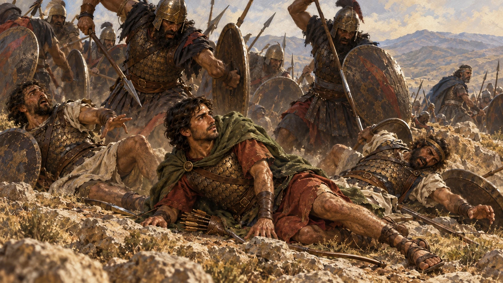 Jonathan, Abinadab, and Malchi-shua fall as the Philistines overtake Saul's family