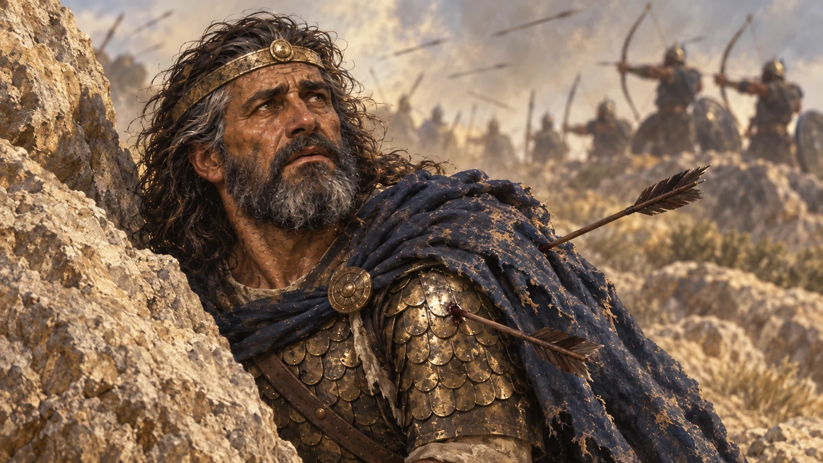 Philistine archers find Saul and leave him grievously wounded