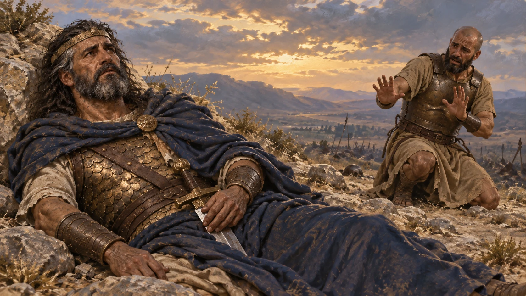Saul's armor-bearer refuses his request, and the wounded king dies by his own sword