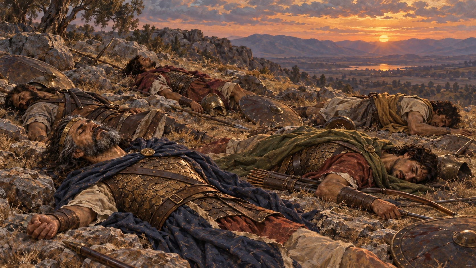 Saul, his sons, his armor-bearer, and many Israelites lie dead after the battle