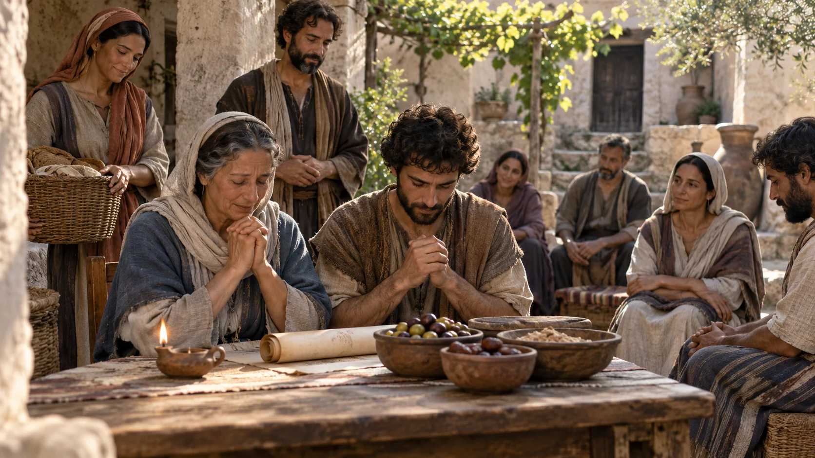 Wide courtyard gathering, prayerful adults around plain papyrus on olive wood table.