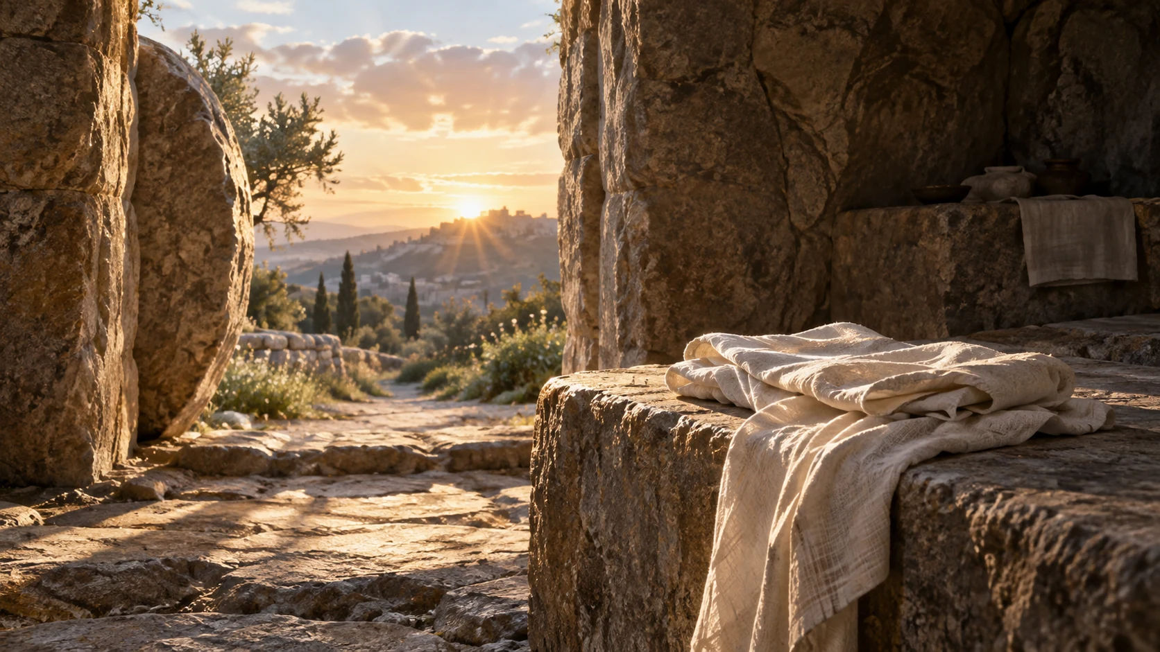 Open sky beyond quiet doorway, dawn light on an empty shroud folded on stone; symbolic resurrection and expectant hope, no supernatural figure.