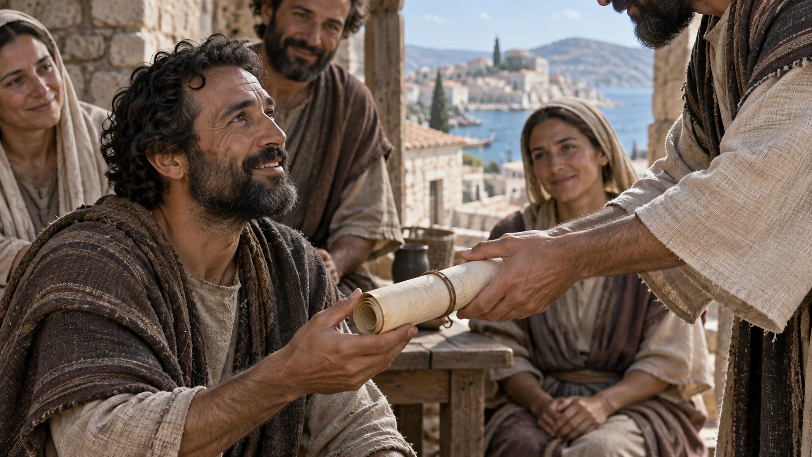 Close view of a listener receiving an unlettered scroll, caring hands beside him.