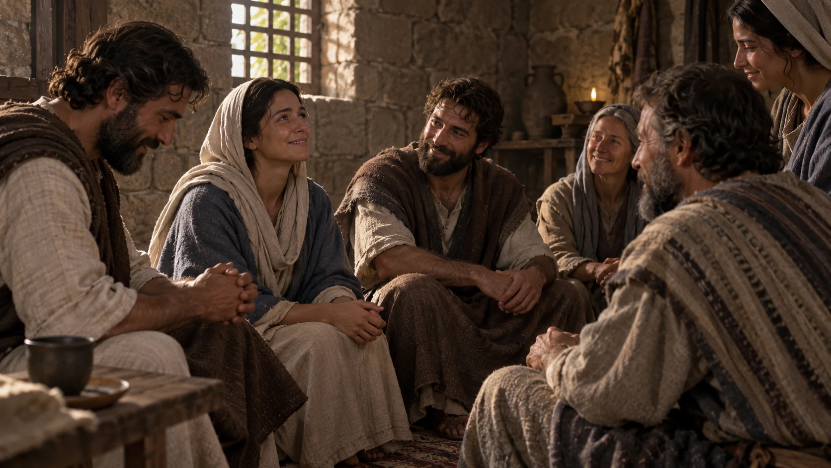 Small group in a shadowed stone room, weary faces finding quiet joy together.