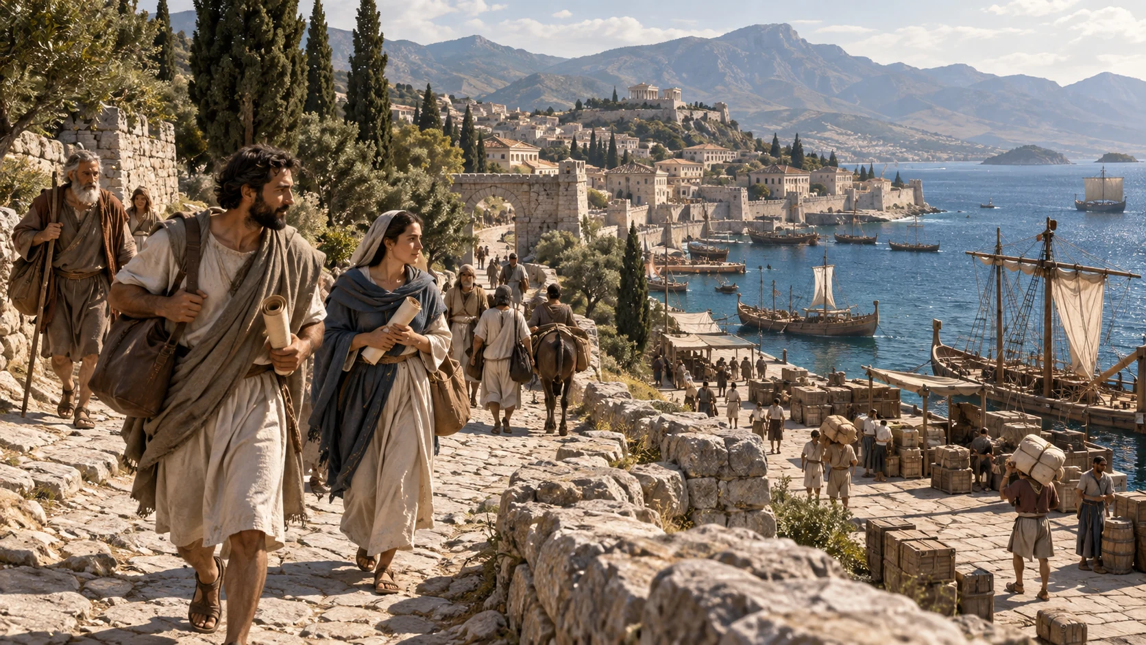 High wide view of macedonian roads and harbor, ordinary travelers carrying unlettered scrolls.