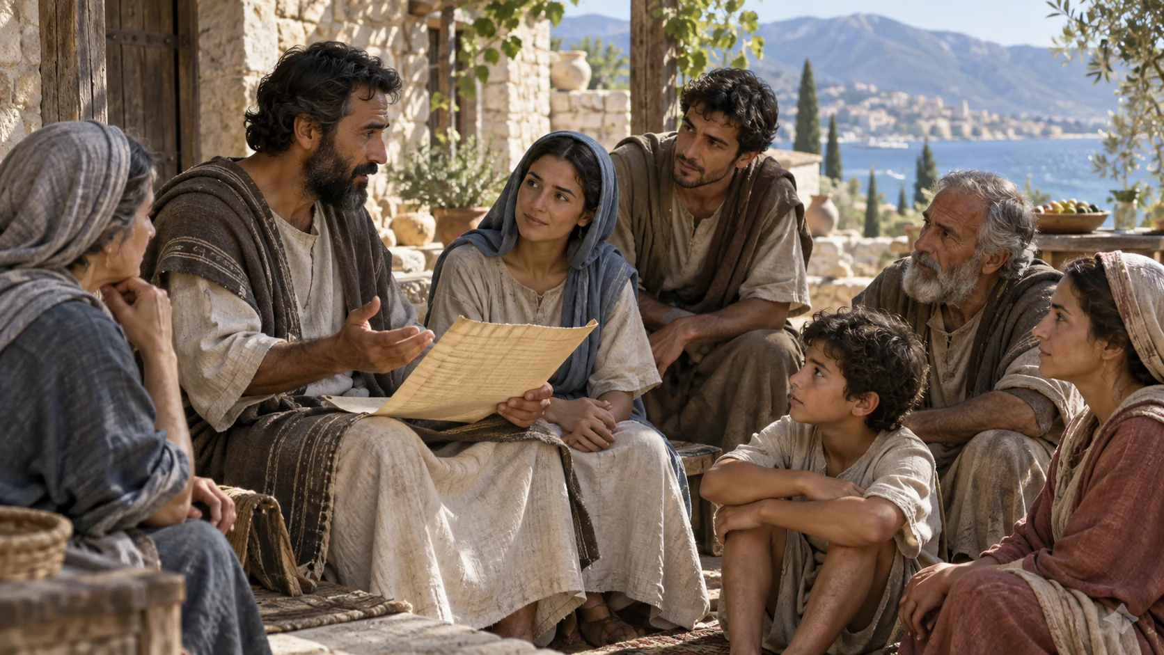 Listeners of different ages gathered over unlettered papyrus in a simple courtyard.