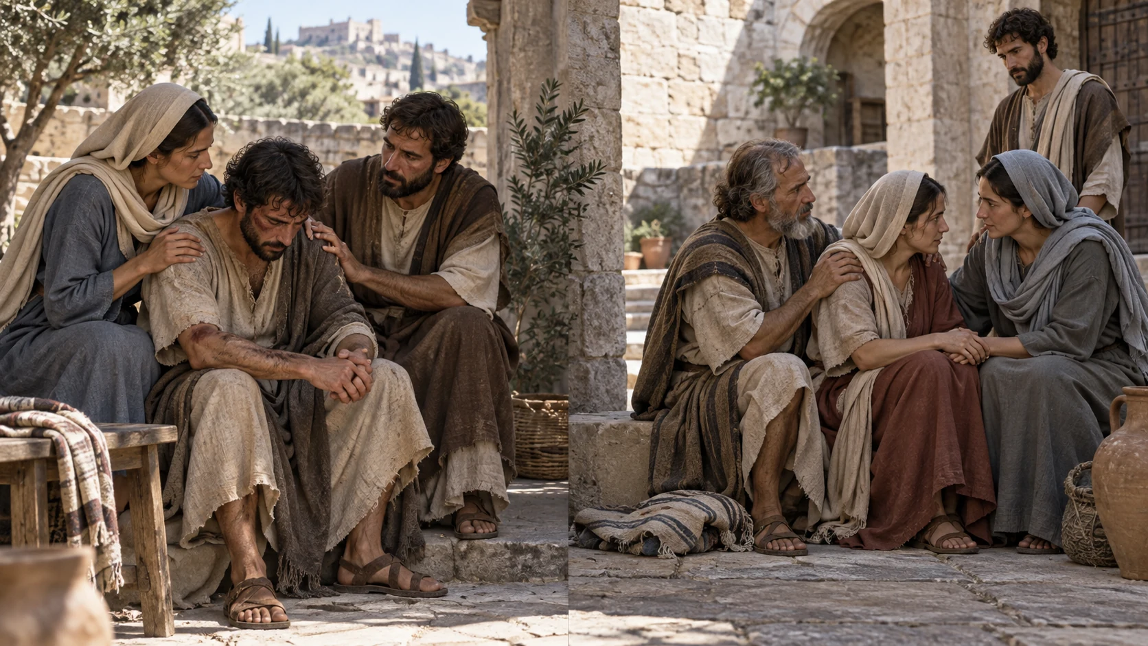 Two groups of ordinary believers across a diptych-like single architectural courtyard, shared endurance; no attackers or ethnic caricature.