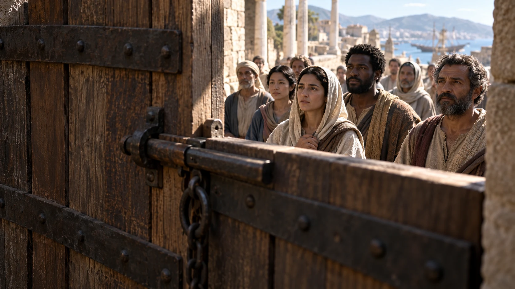 Closed wooden gate in foreground and ethnically diverse adults waiting beyond, no demon or ethnic villain.