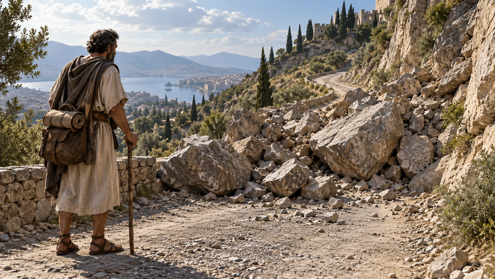 Winding road blocked by fallen stones, anonymous traveler stopped, no literal satan depiction.