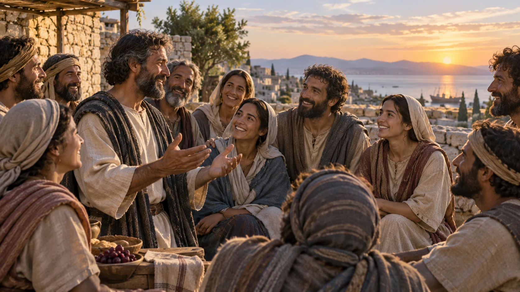 Broad semicircle of joyful adult believers, modest clothes, dawn sky, no literal heavenly court or crown.