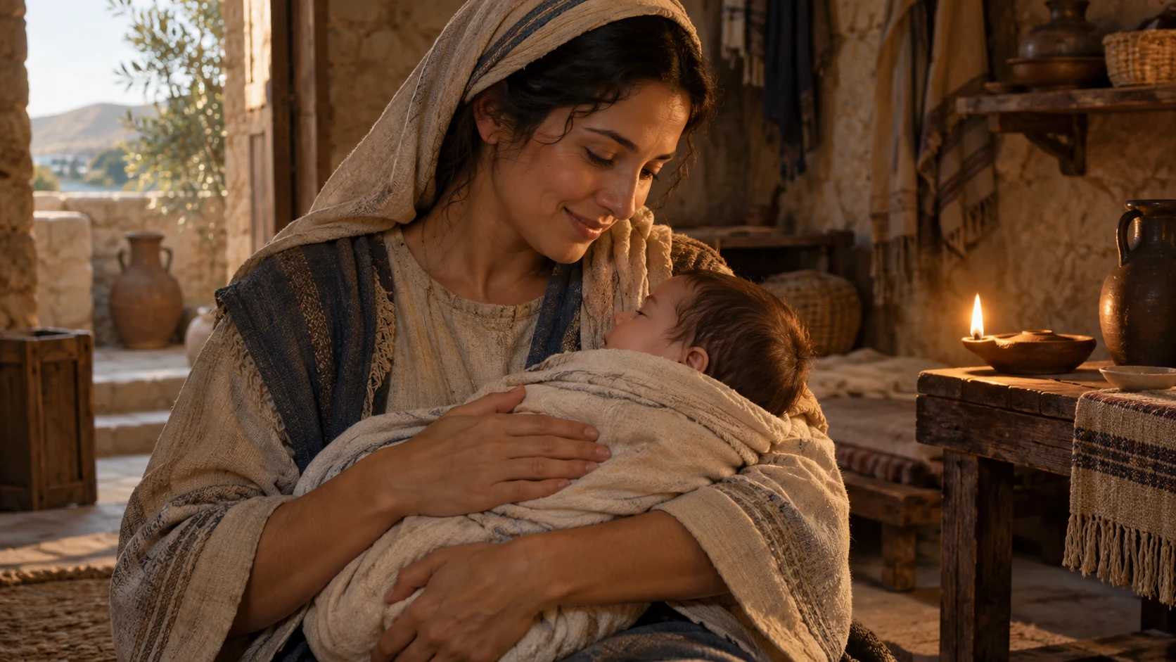 Respectful maternal metaphor, fully clothed mother cradling wrapped infant in lamplit interior.