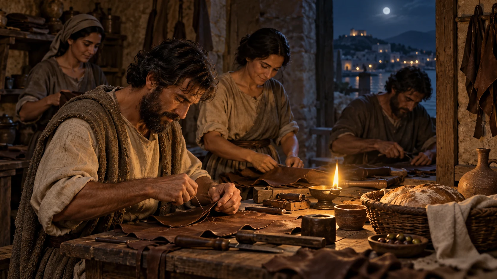 Night workshop, anonymous adults working leather with lamp and simple tools, shared bread nearby.