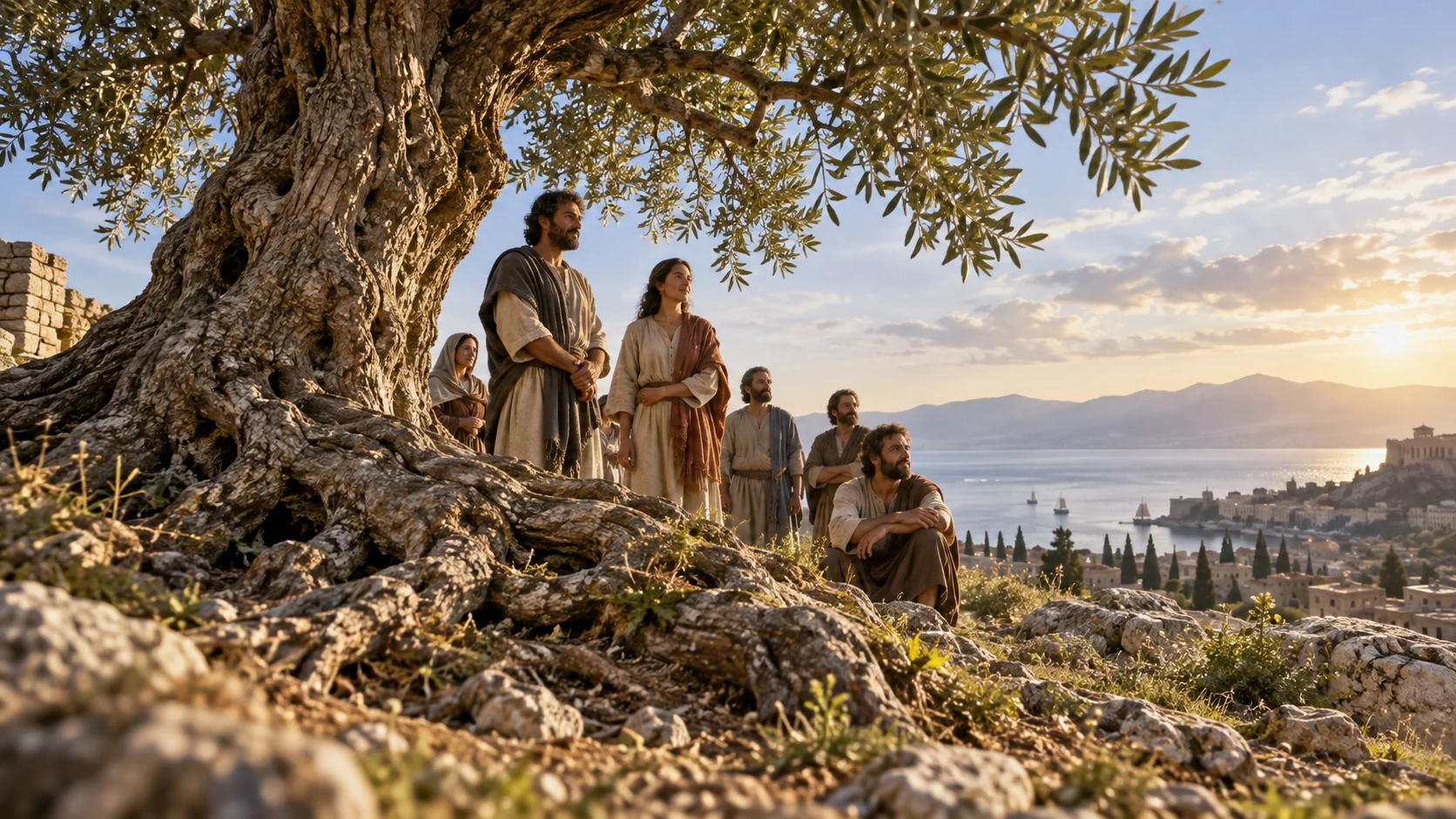 Low-angle sturdy olive tree rooted in rocky soil, believers quietly standing nearby.