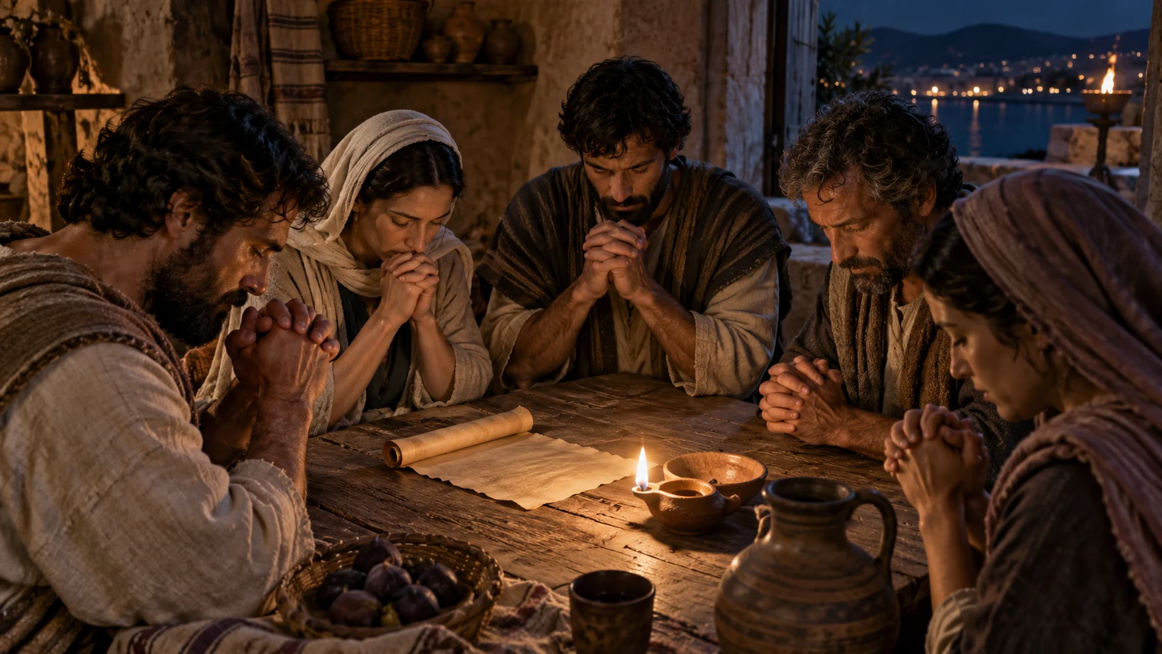 Overhead prayer table at night, clasped work-worn hands, oil lamp and unlettered letter.