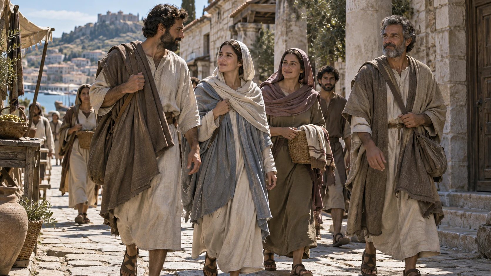 Street-level procession of ordinary adults moving calmly through macedonian town.