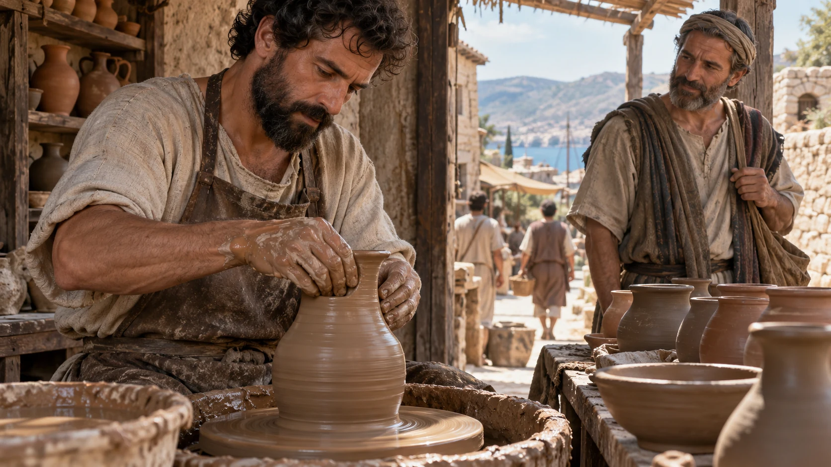 Close documentary view of potter at wheel, clay-covered hands, passing neighbor watching respectfully.
