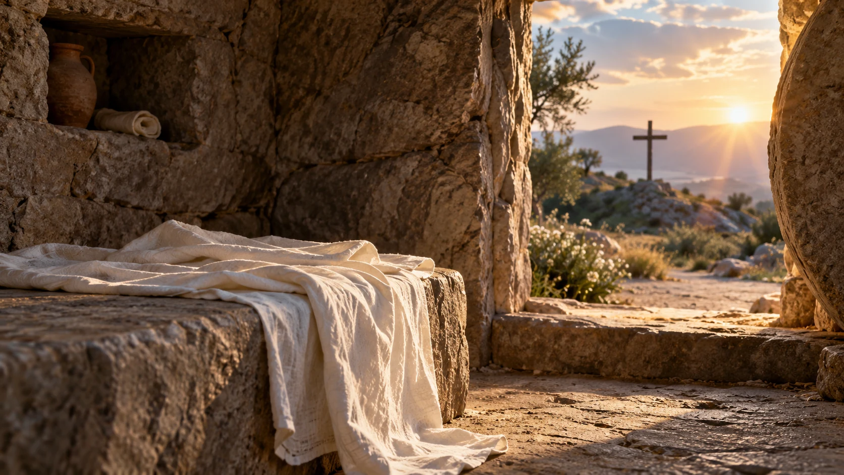 Symbolic empty linen on stone with dark wooden cross distant outside doorway and dawn; no literal reconstruction, no jesus figure.