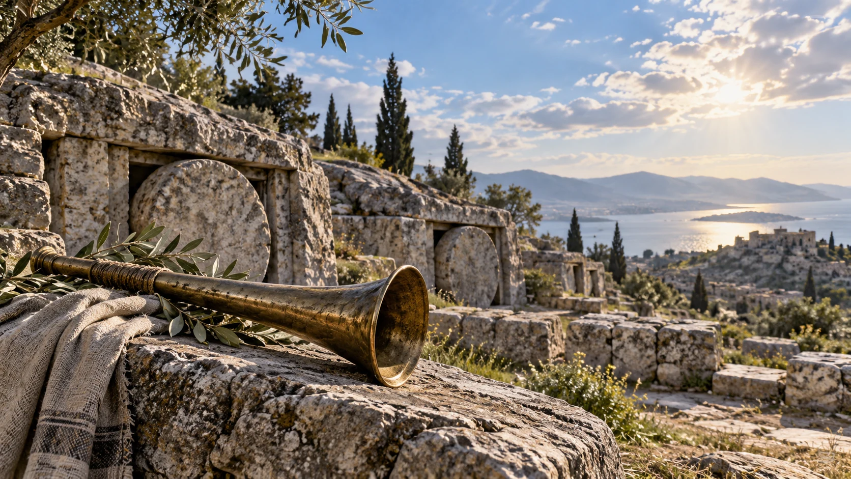 Interpretive symbolic image of a plain ancient trumpet resting beside closed stone graves, bright open sky; no corpses, supernatural beings or factual future-event reconstruction.