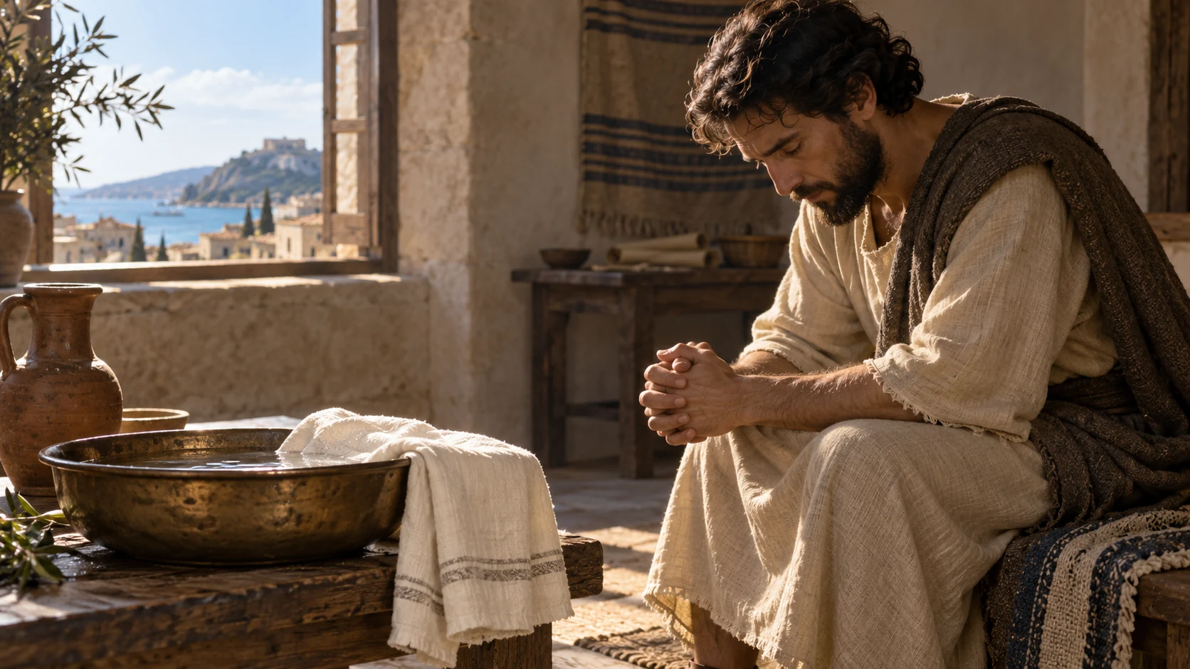 Clean linen laid beside basin, natural window light on prayerful adult, no visible spirit figure.