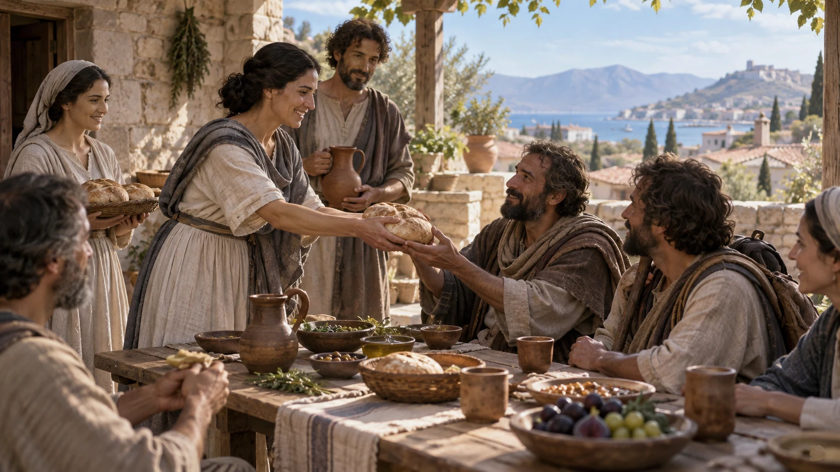 Wide shared meal, adults offering simple bread to visiting travelers.