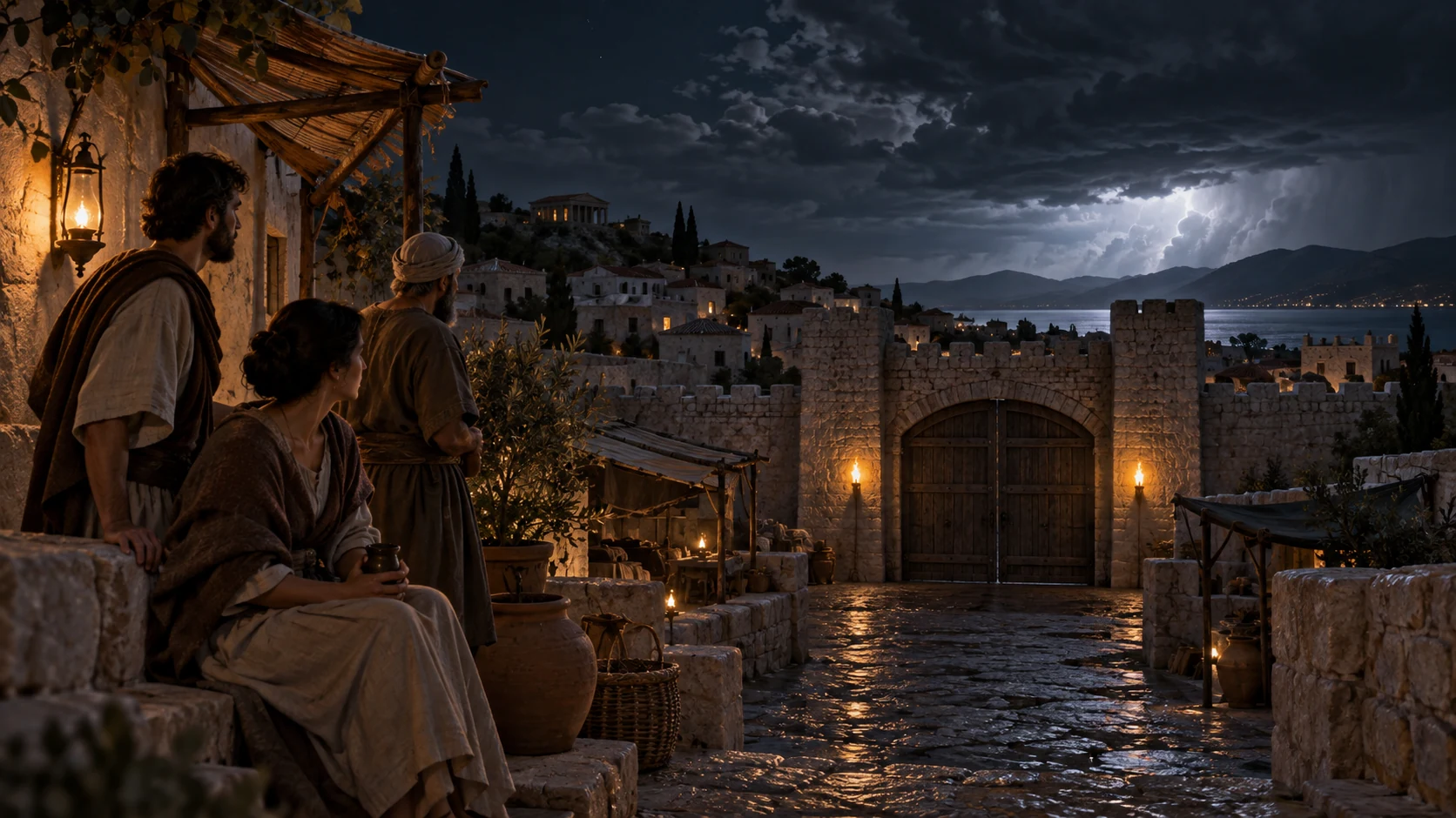 Quiet first-century town at night, closed gate and changing storm-lit horizon; metaphor of surprise, no staged thief or pregnant suffering woman.