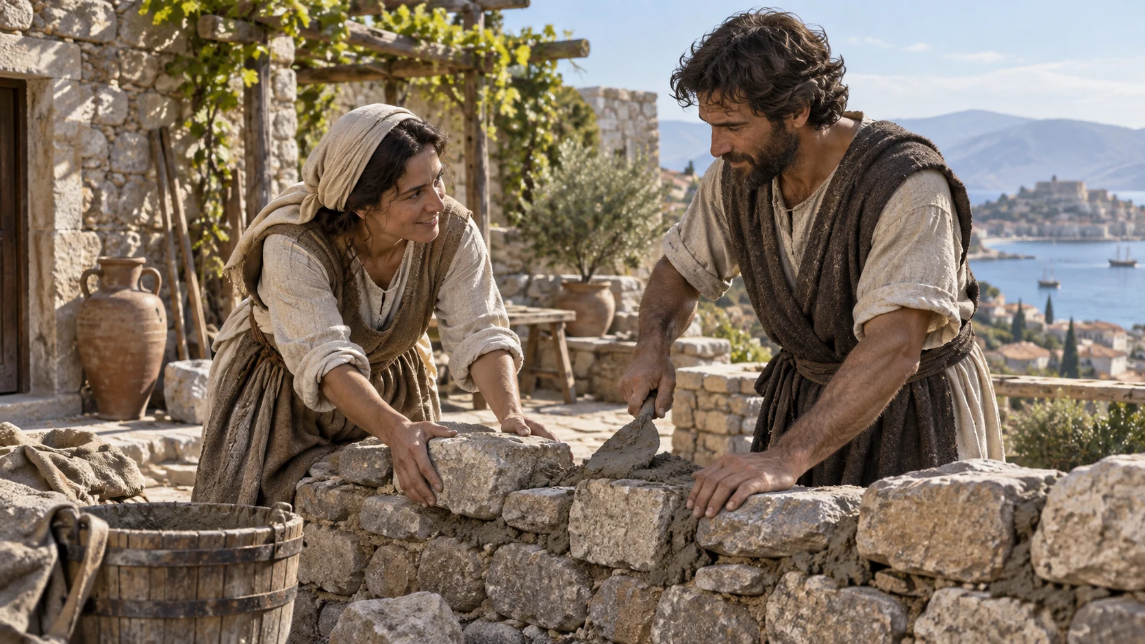 Two adults repairing a low stone courtyard wall together, practical mutual-help metaphor.