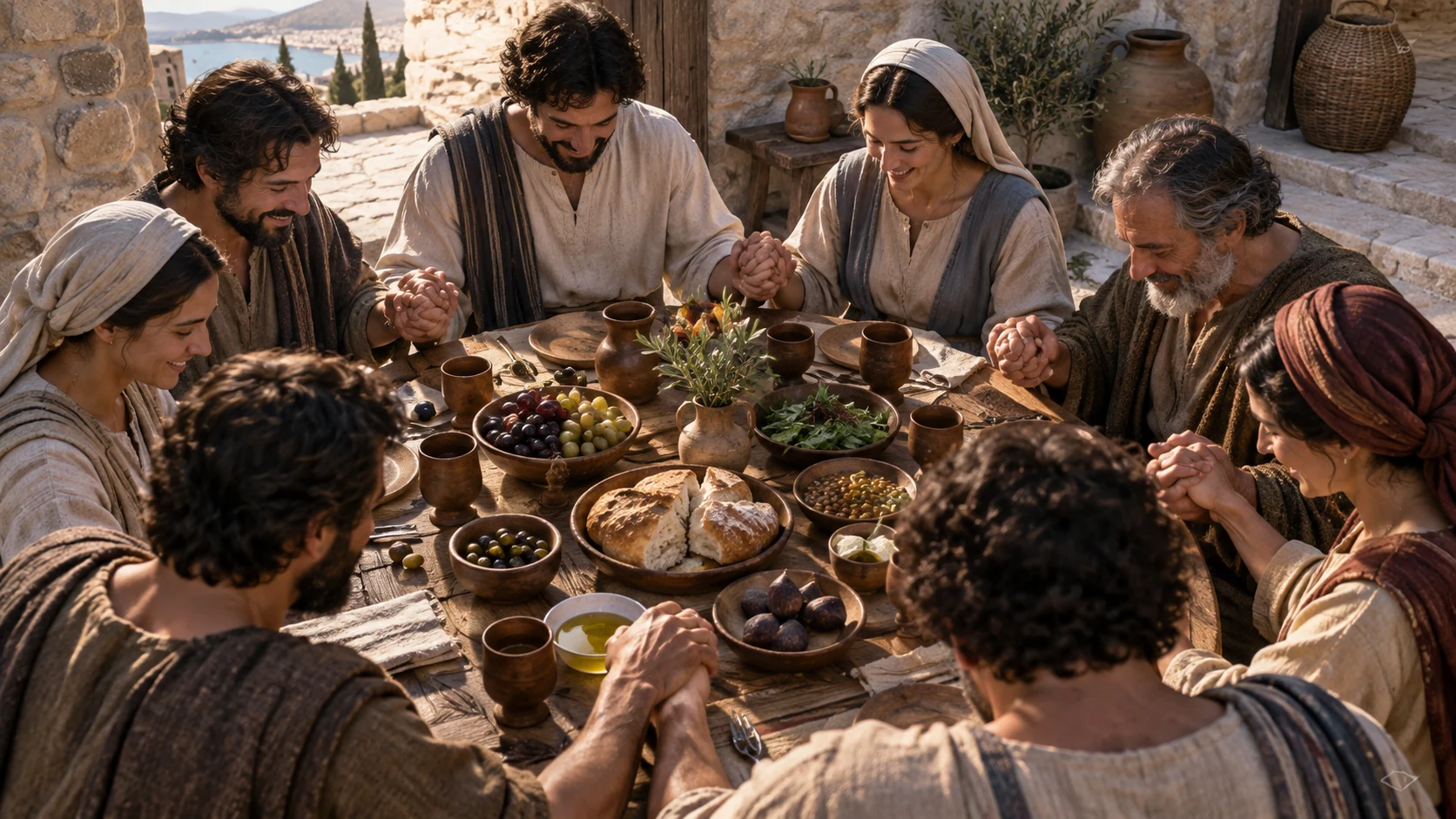 Overhead family-size adult table with simple meal and thankful hands, natural joy and prayer.