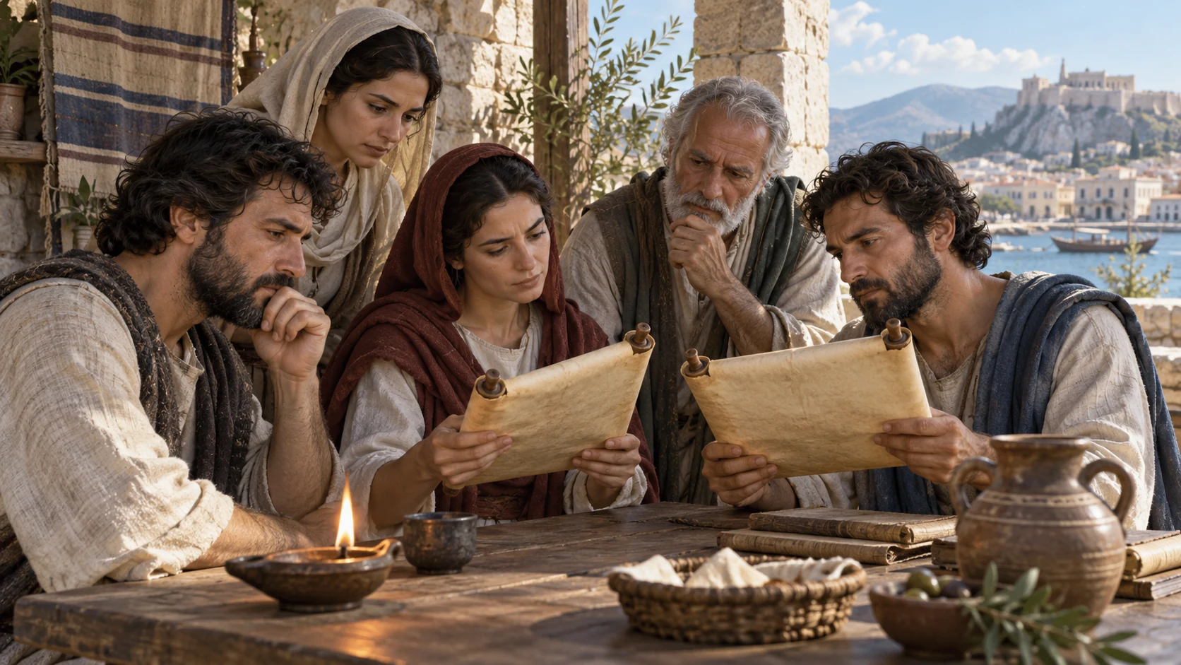 Listeners thoughtfully comparing two unlettered scrolls in daylight, lamp steadily burning; no invented prophecy text.