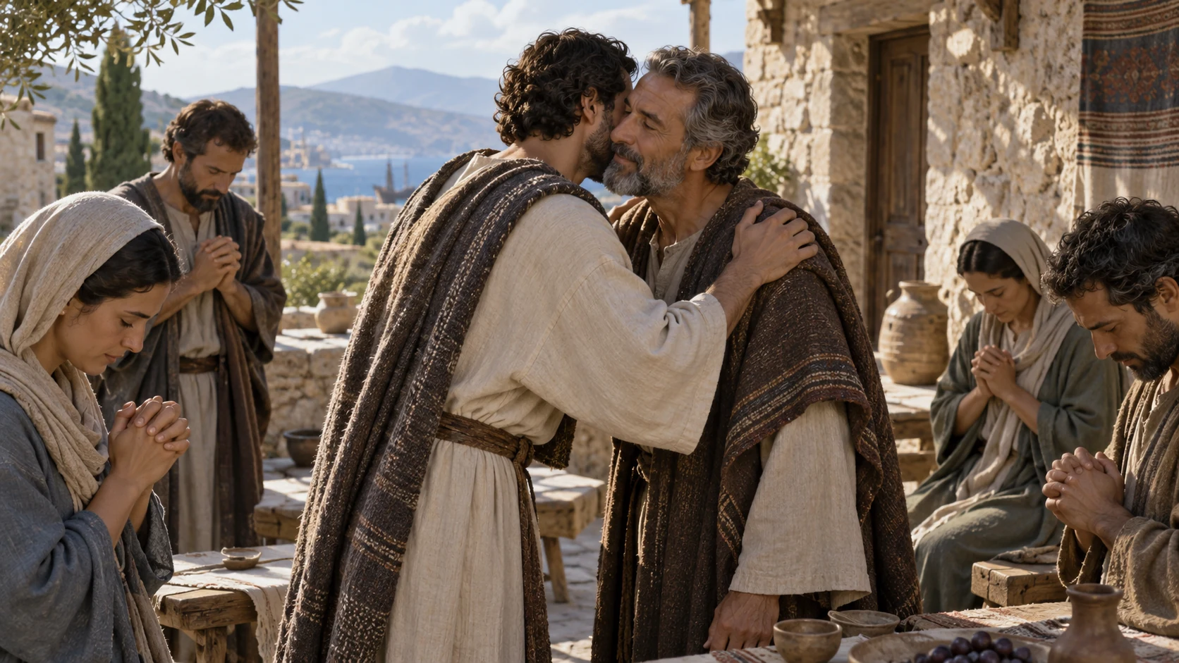 Two fully clothed adults exchange restrained cheek greeting while others pray quietly.