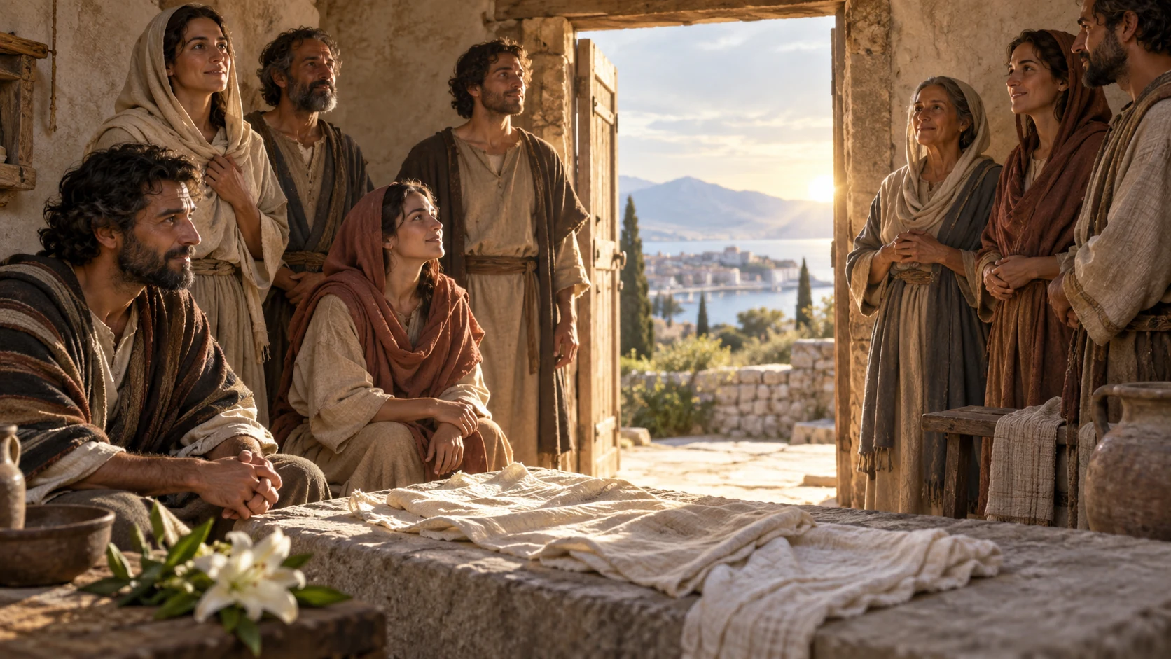 Open doorway beyond an empty folded shroud, gathered believers framed in warm light; symbolic hope not literal resurrection event.