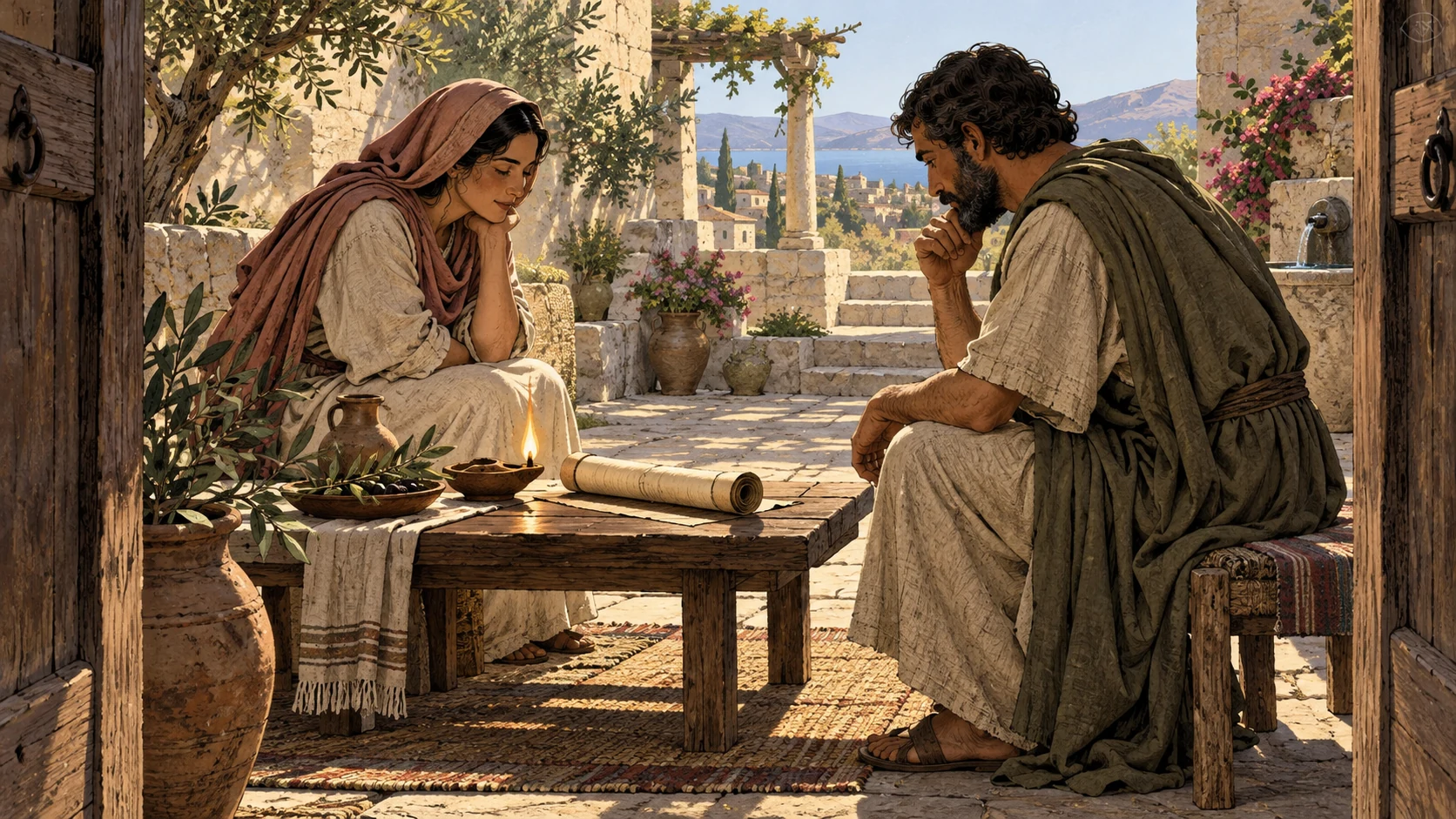 Two anonymous adult readers sit beside a rolled letter and clay lamp in a sunlit stone courtyard.